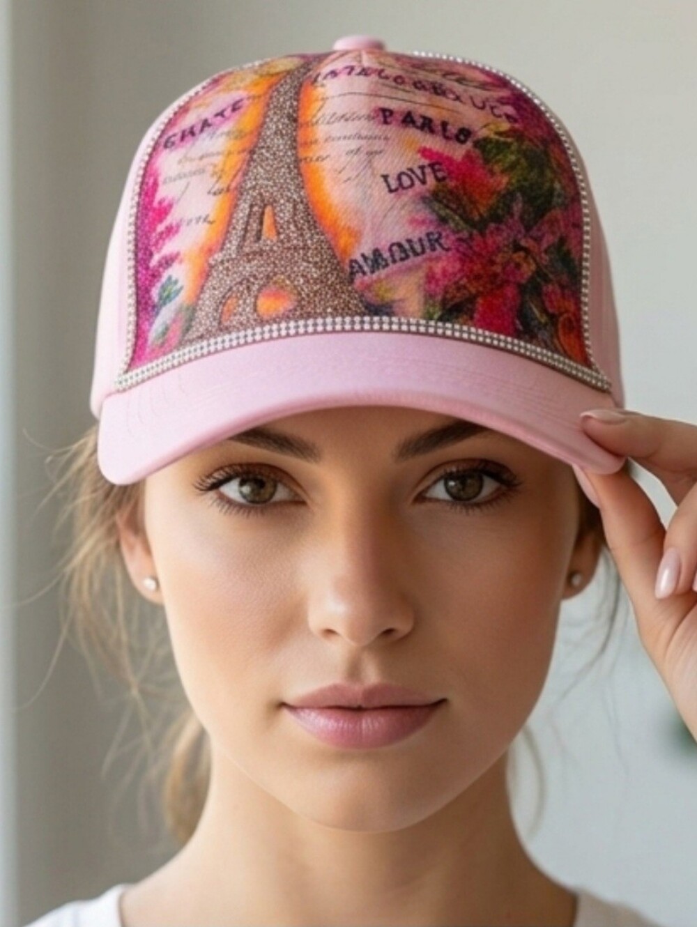 Hand Painted Pink Floral Eiffel Tower Embellished with Bling- Baseball Cap